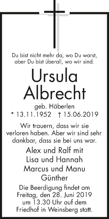 Traueranzeige von Ursula Albrecht 