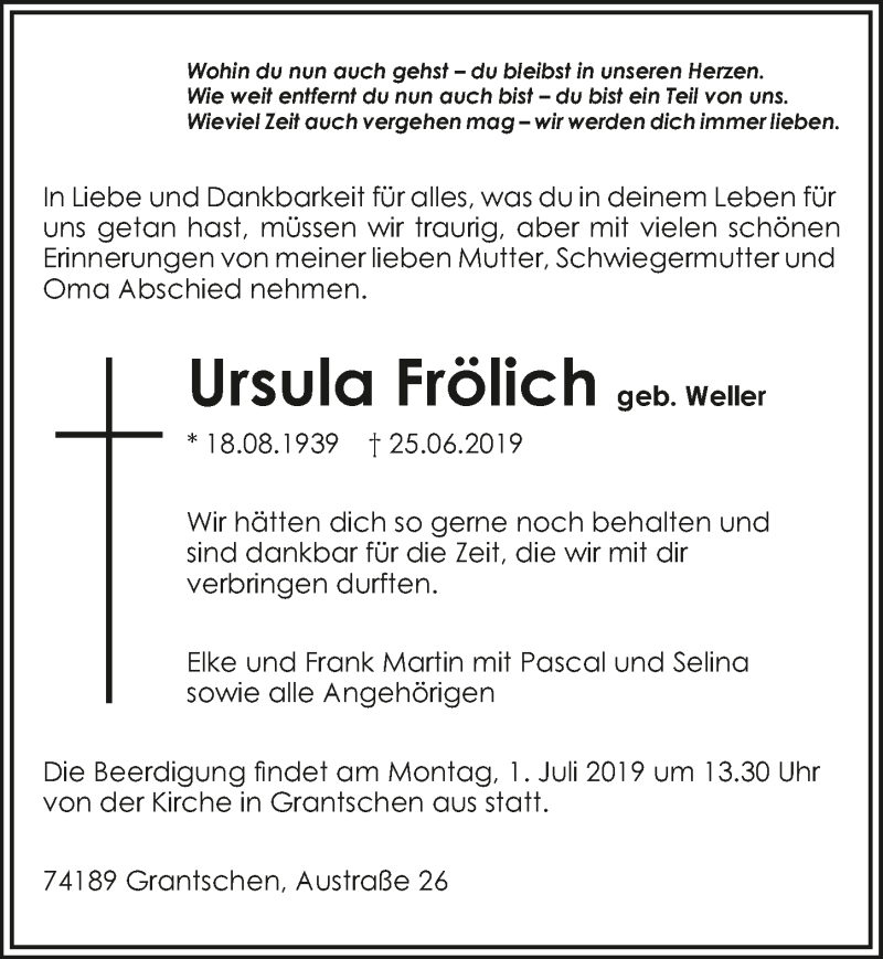  Traueranzeige für Ursula Frölich vom 28.06.2019 aus 