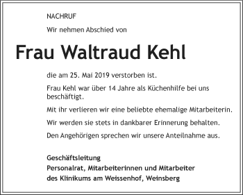 Traueranzeige von Waltraud Kehl 