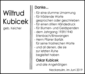 Traueranzeige von Wiltrud Kubicek 