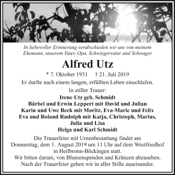 Traueranzeige von Alfred Utz 