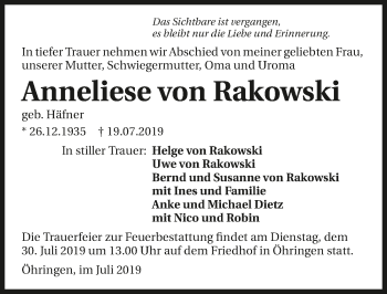 Traueranzeige von Anneliese von Rakowski 