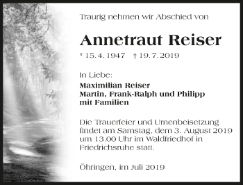 Traueranzeige von Annetraut Reiser 