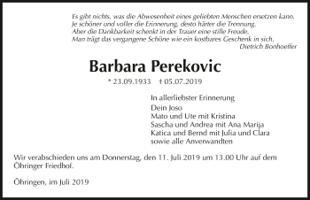 Traueranzeige von Barbara Perekovic 