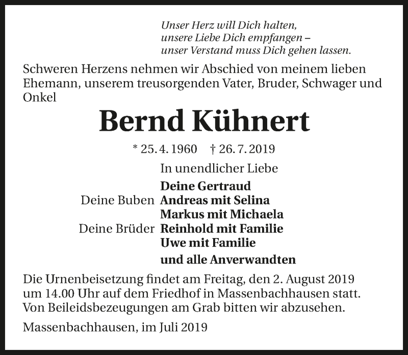  Traueranzeige für Bernd Kühnert vom 31.07.2019 aus 