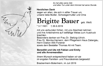 Traueranzeige von Brigitte Bauer 