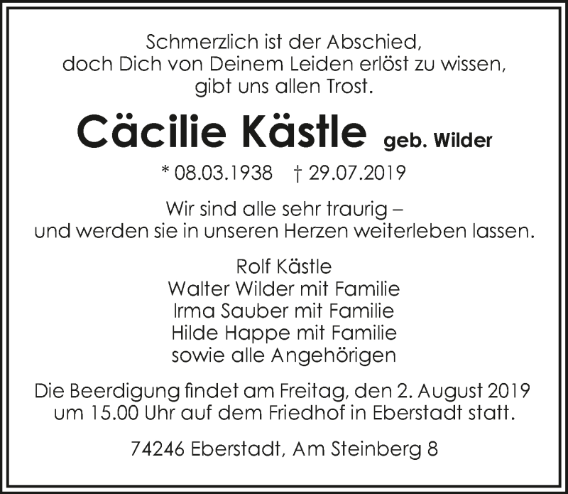  Traueranzeige für Cäcilie Kästle vom 30.07.2019 aus 