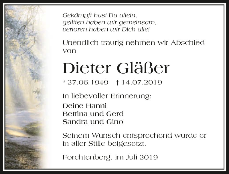  Traueranzeige für Dieter Gläßer vom 27.07.2019 aus 