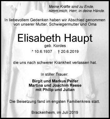 Traueranzeige von Elisabeth Haupt 