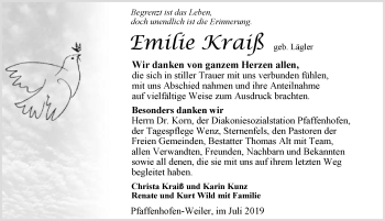 Traueranzeige von Emilie Kraiß 