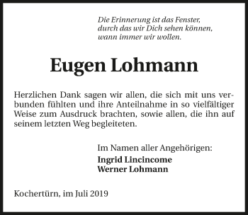 Traueranzeige von Eugen Lohmann 