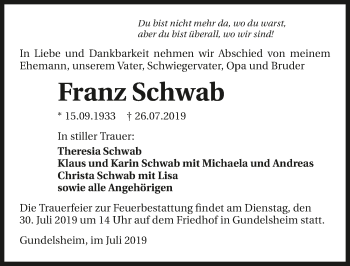 Traueranzeige von Franz Schwab 