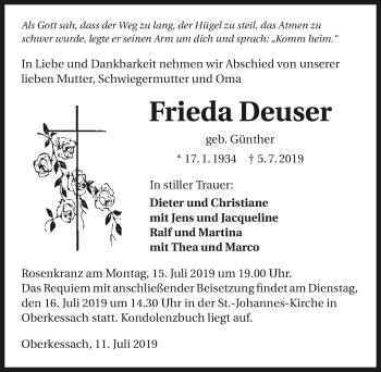 Traueranzeige von Frieda Deuser 