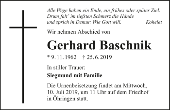 Traueranzeige von Gerhard Baschnik 