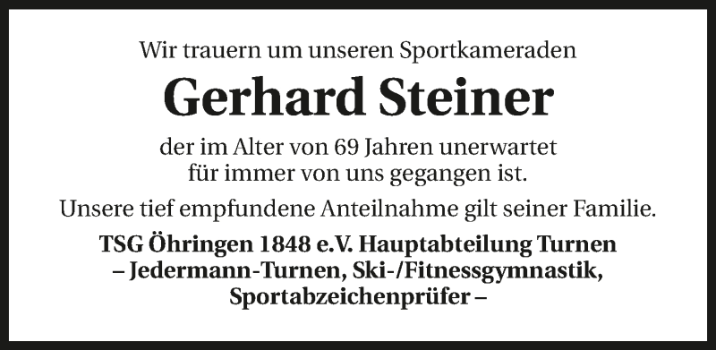  Traueranzeige für Gerhard Steiner vom 27.07.2019 aus 