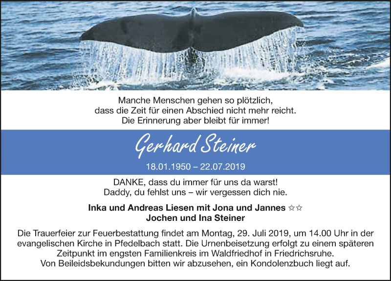 Traueranzeige für Gerhard Steiner vom 26.07.2019 aus 