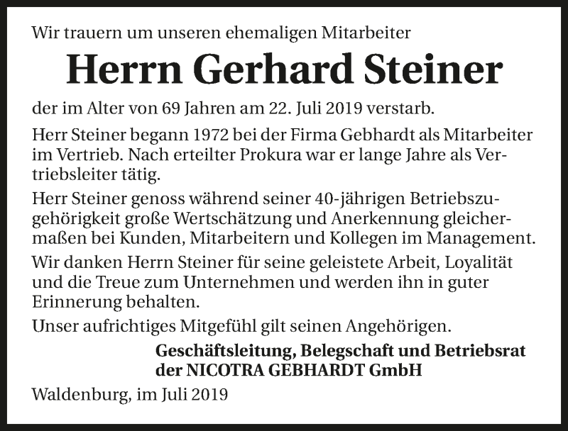  Traueranzeige für Gerhard Steiner vom 27.07.2019 aus 