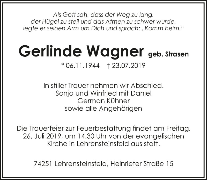  Traueranzeige für Gerlinde Wagner vom 25.07.2019 aus 