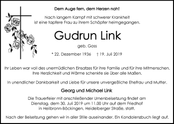 Traueranzeige von Gudrun Link 