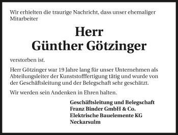 Traueranzeige von Günther Götzinger 
