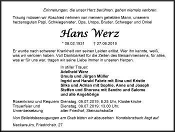 Traueranzeige von Hans Werz 