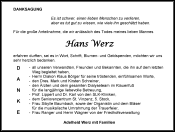 Traueranzeige von Hans Werz 