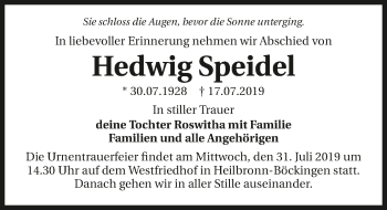 Traueranzeige von Hedwig Speidel 