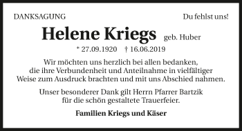 Traueranzeige von Helene Kriegs 