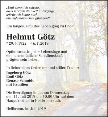 Traueranzeige von Helmut Götz 