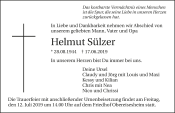 Traueranzeige von Helmut Sülzer 