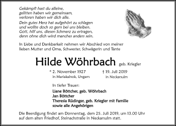 Traueranzeige von Hilde Wöhrbach 