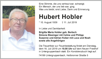 Traueranzeige von Hubert Hobler 