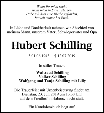 Traueranzeige von Hubert Schilling 
