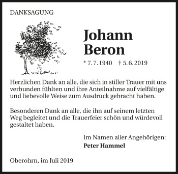 Traueranzeige von Johann Beron 