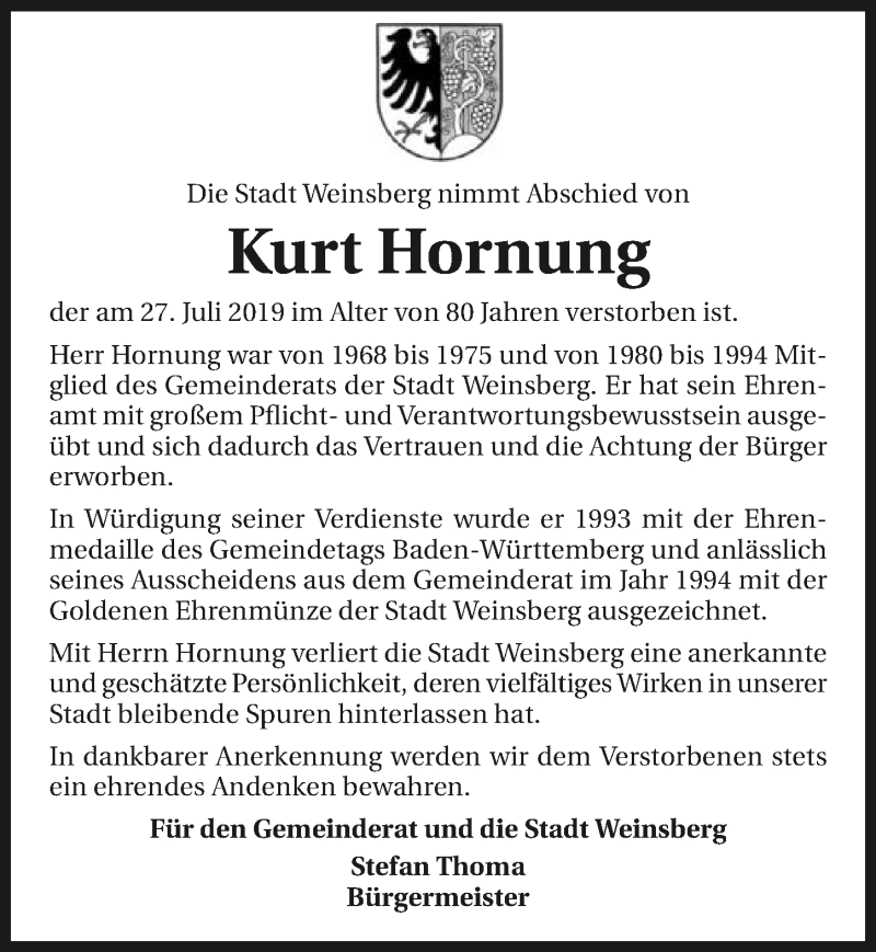  Traueranzeige für Kurt Hornung vom 30.07.2019 aus 