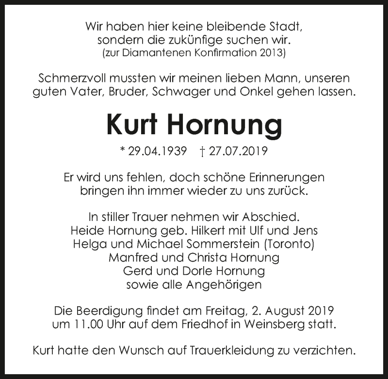  Traueranzeige für Kurt Hornung vom 30.07.2019 aus 