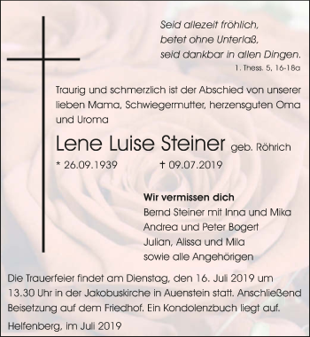 Traueranzeige von Lene Luise Steiner 