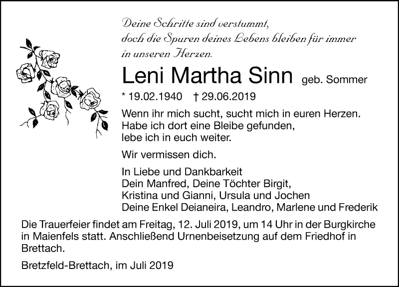  Traueranzeige für Leni Martha Sinn vom 09.07.2019 aus 