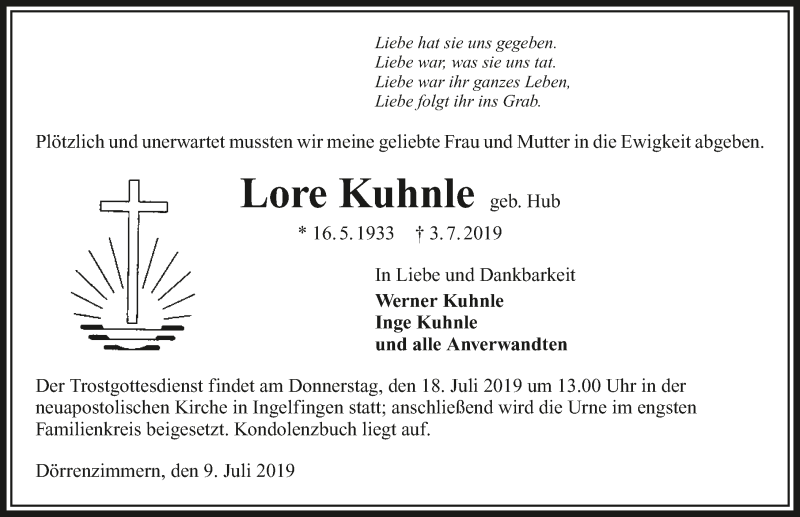  Traueranzeige für Lore Kuhnle vom 09.07.2019 aus 