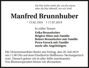 Traueranzeige von Manfred Brunnhuber 