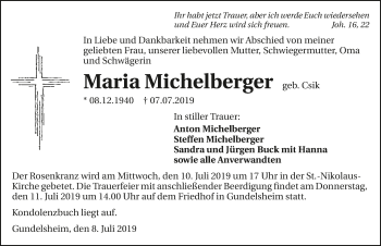 Traueranzeige von Maria Michelberger 