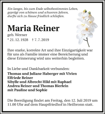 Traueranzeige von Maria Reiner 