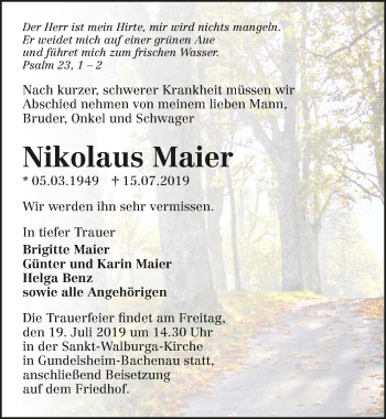 Traueranzeige von Nikolaus Maier 