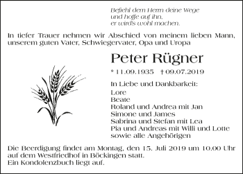 Traueranzeige von Peter Rügner 