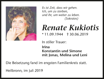 Traueranzeige von Renate Kukiotis 