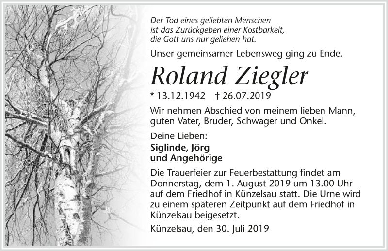  Traueranzeige für Roland Ziegler vom 30.07.2019 aus 
