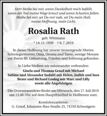 Traueranzeige von Rosalia Rath 