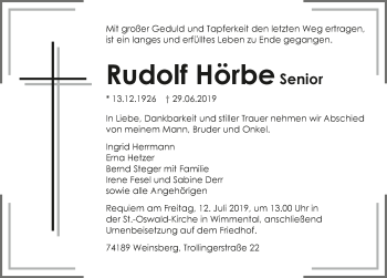 Traueranzeige von Rudolf Hörbe 