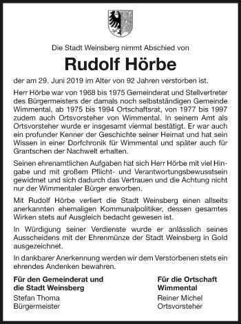 Traueranzeige von Rudolf Hörbe 