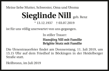 Traueranzeige von Sieglinde Nill 